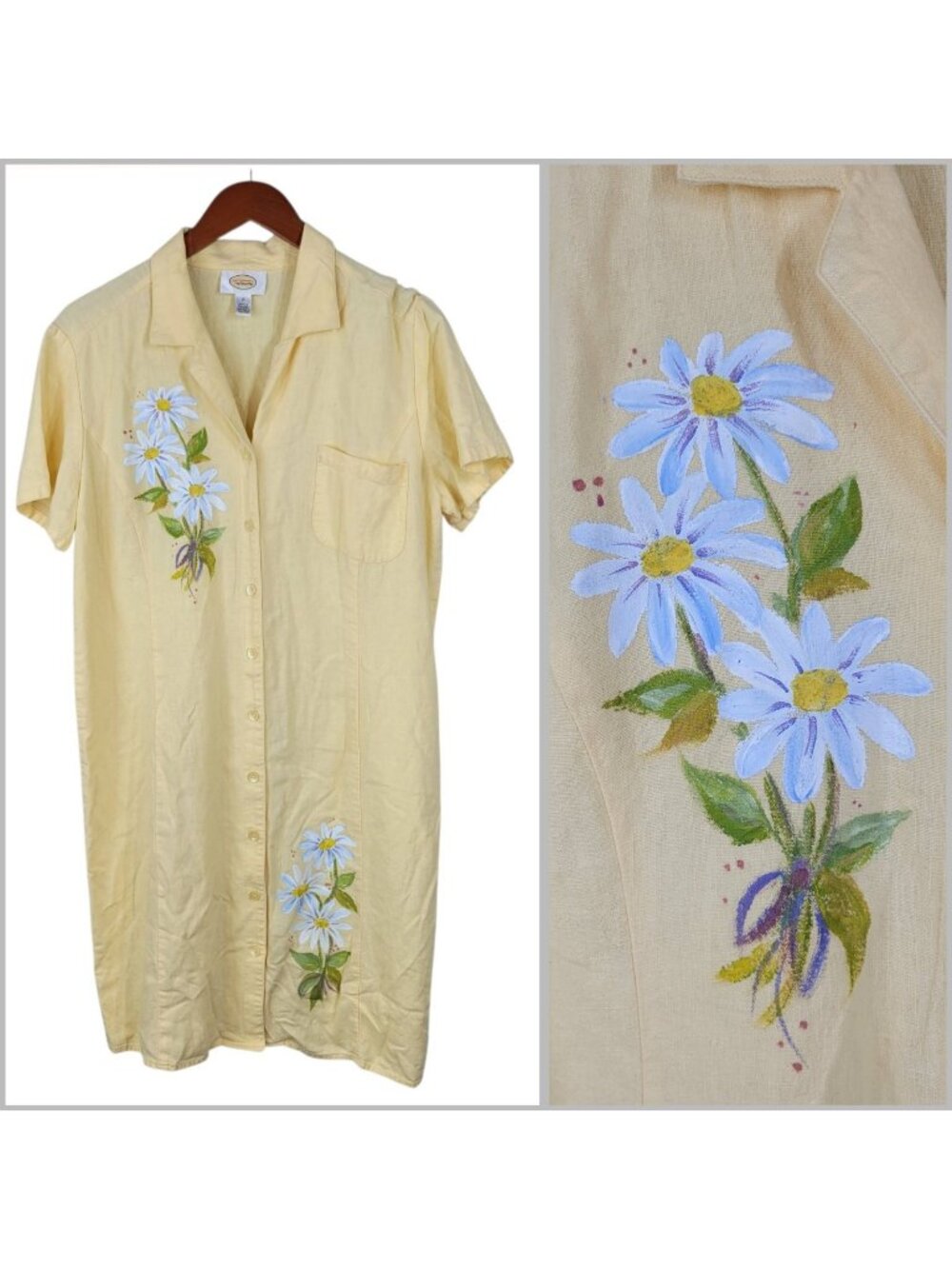 Talbots Linen Shirt Dress Size 12 Hand Painted Floral Daisy Art To Wear Vintage